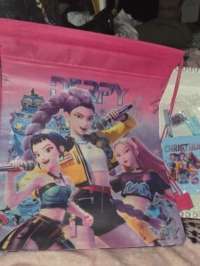 NEW..Pink Cartoon Pop-Star Drawstring Bag With Pencil Pouch